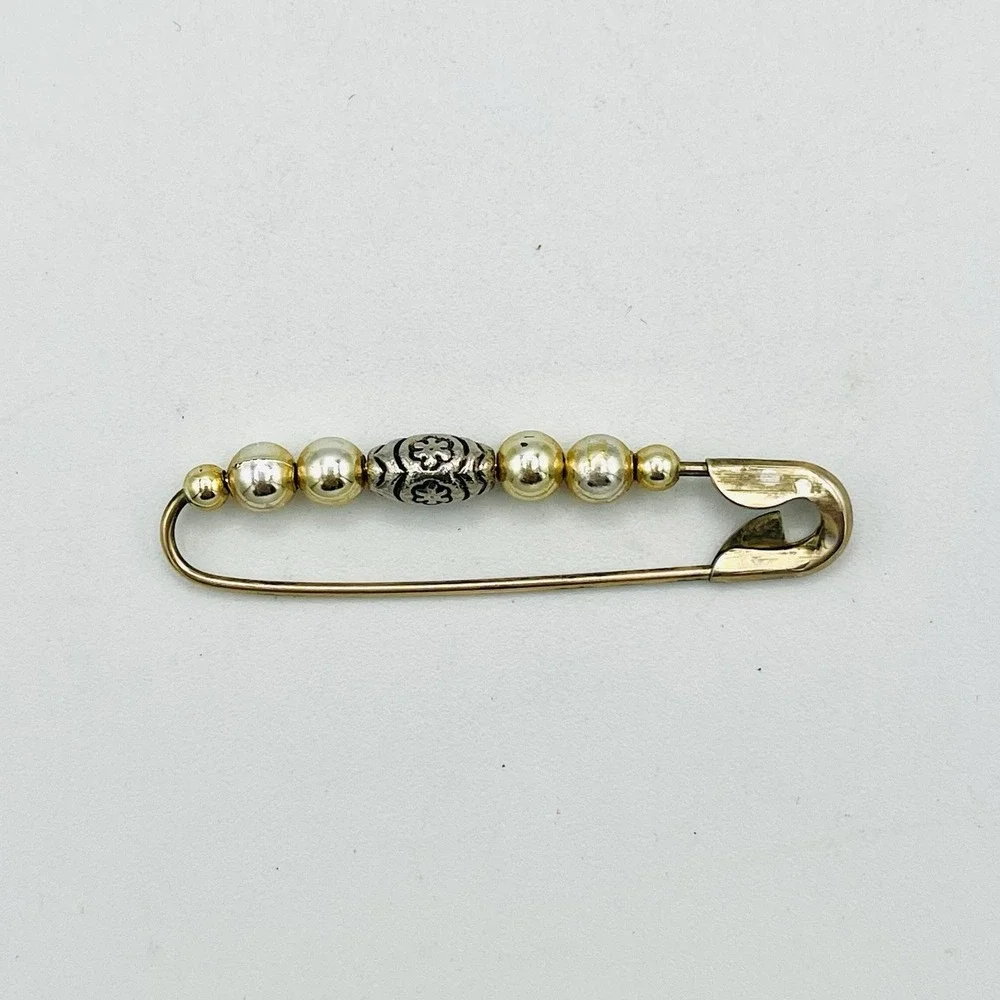 Safety Pin Pendant Brooch Zipper Pull Charm Gold Tone Key Chain Tag Beaded 2.25